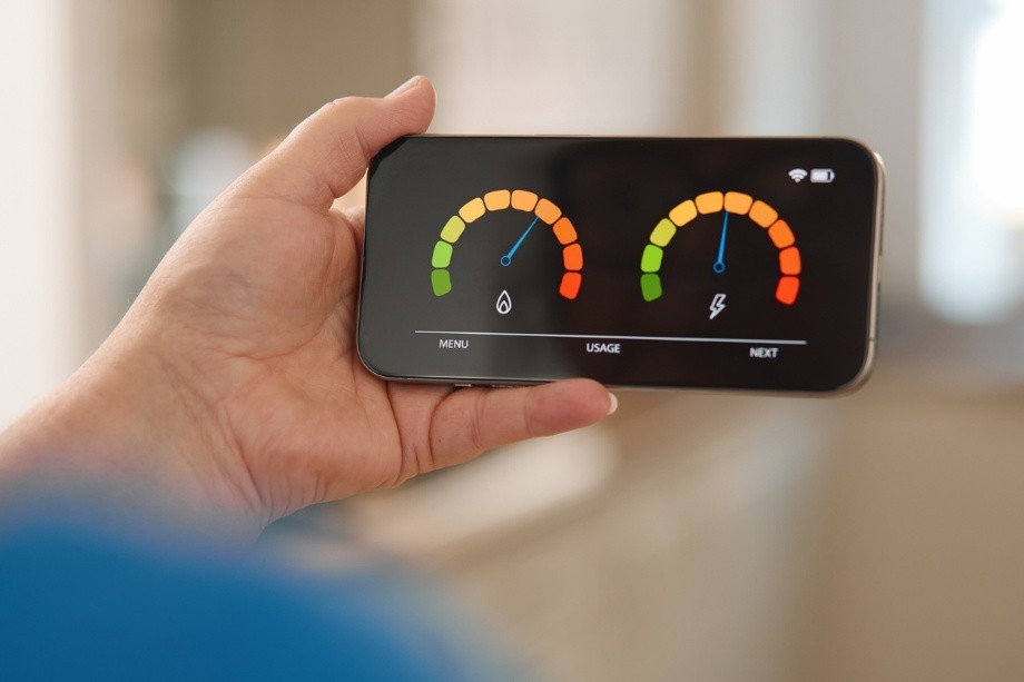 Person holding smartphone showing water and energy usage gauges with green, orange, and red levels.