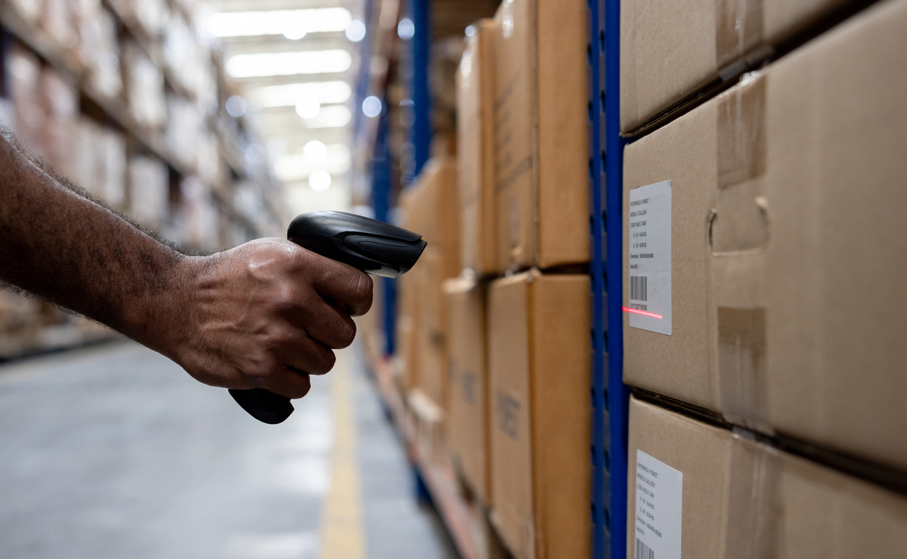 Warehouse worker scanning a box barcode with handheld scanner in fulfillment center