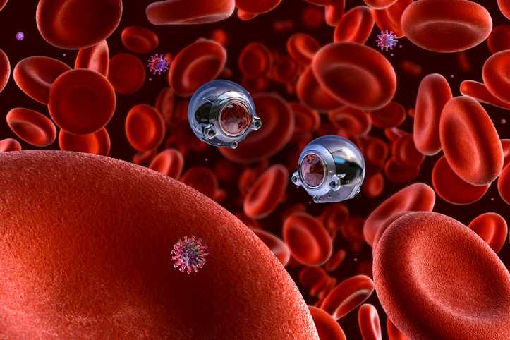 3D nanobots, virus, human blood microscopic view. Futuristic nanotechnology robots medicine science.