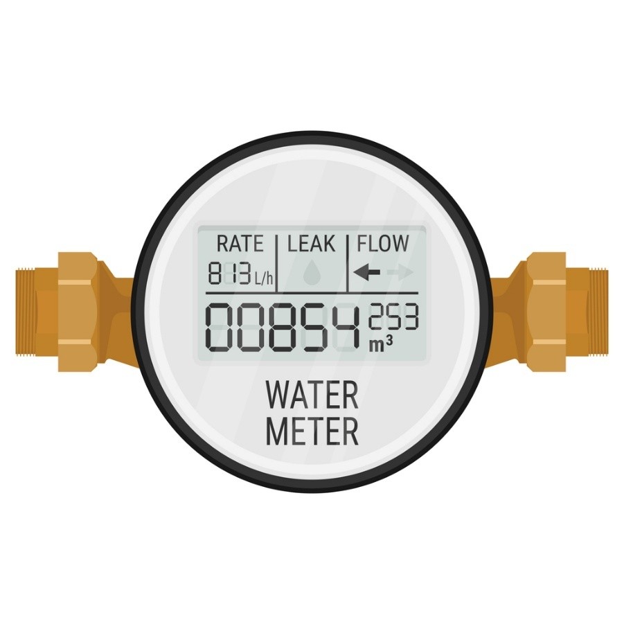 Digital water meter with icons representing water conservation, smart monitoring, and efficient resource management.