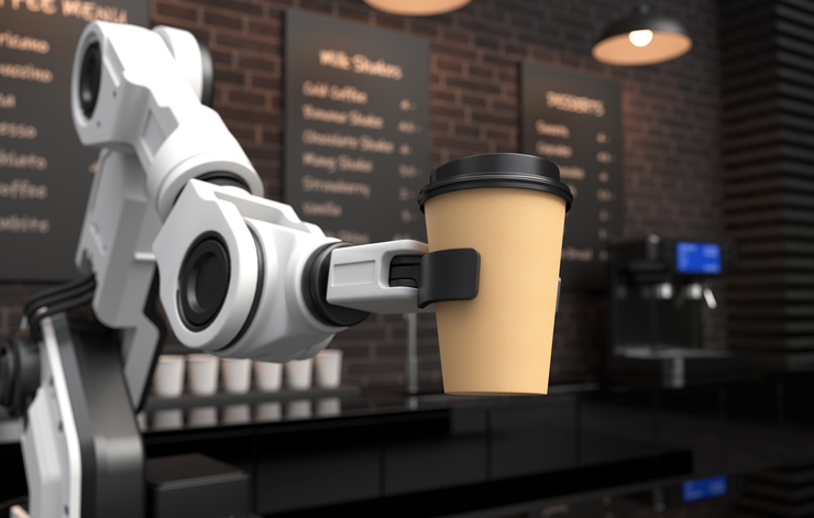 3D illustration of Robot arm serving hot coffee in a coffee shop.