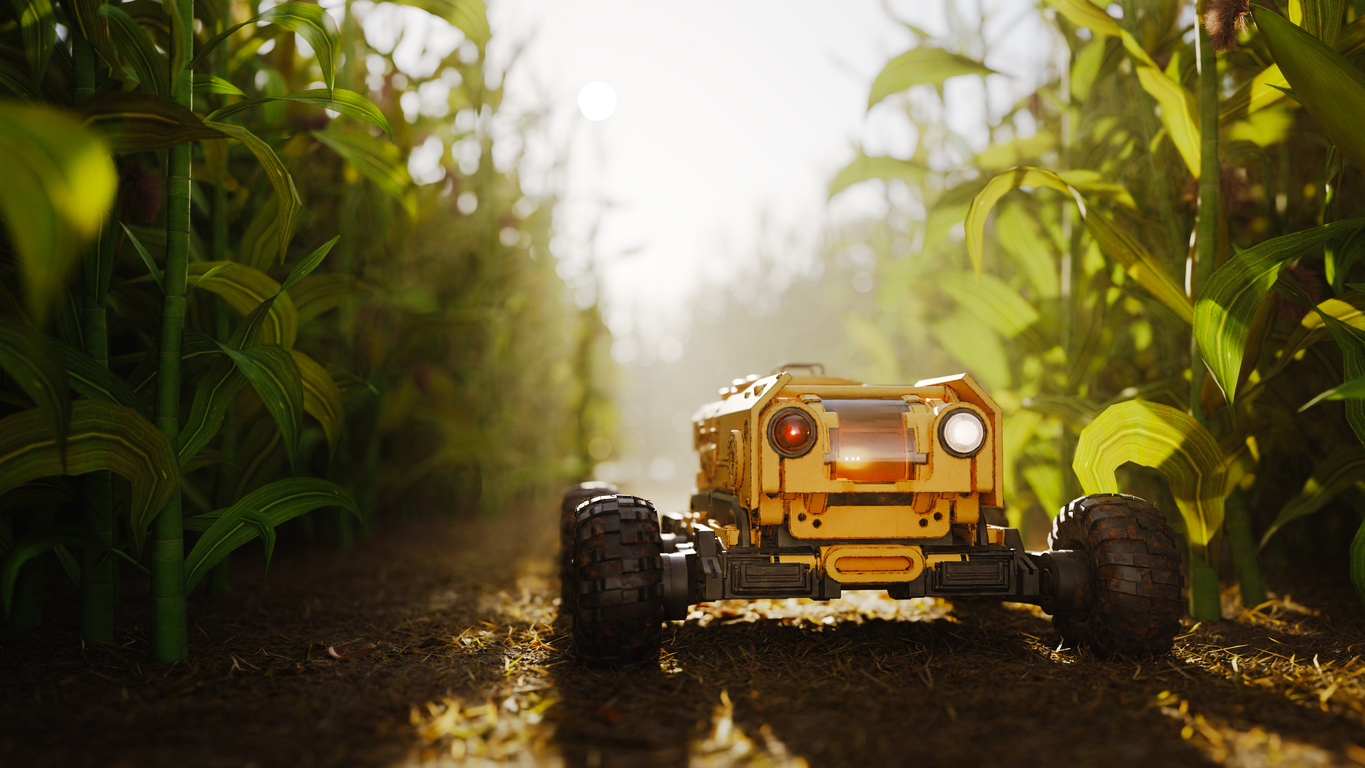 UAV drone monitoring crop health over a cornfield.