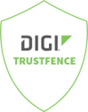 Digi International's Digi TrustFence shield emblem outlined in lime green.