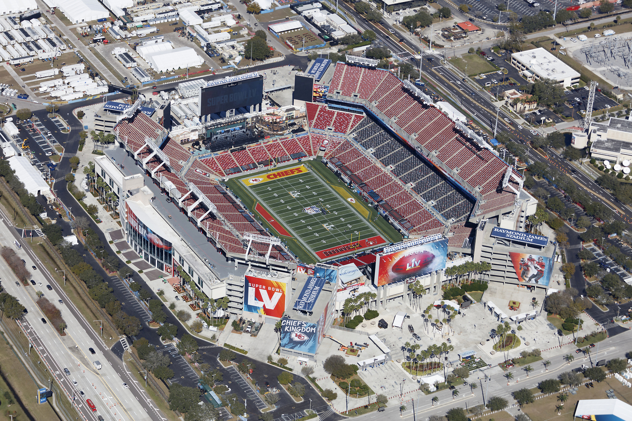Aerial view of Raymond James Stadium Tampa Florida home of NFL Super Bowl LV.
