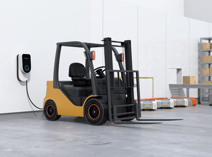 Electric forklift, logistics robots charging in charging station. 3D rendering image.