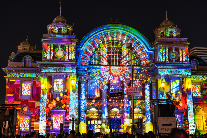 Festival of the Lights in Osaka. The winter illumination events, 3D projection mapping on Osaka City Central Public Hall. Osaka, Japan