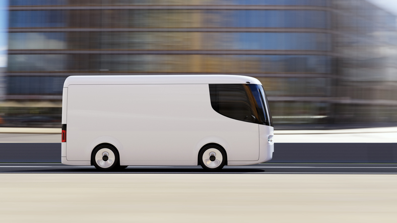 white electric self-driving generic van for branding with copy space driving in city. 3D rendering image.